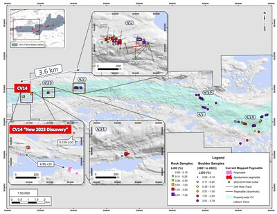 Figure 1: Spodumene pegmatite clusters west of the CV5 Pegmatite – CV8, 9, 10, 12, 13, and the recently discovered CV14. (CNW Group/Patriot Battery Metals Inc)