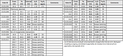 Table 1: Core assay summary for drill holes reported herein at the CV13 Spodumene Pegmatite (CNW Group/Patriot Battery Metals Inc)