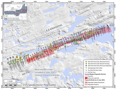 Figure 3: Drill holes completed through 2023 at CV5 Spodumene Pegmatite. (CNW Group/Patriot Battery Metals Inc)