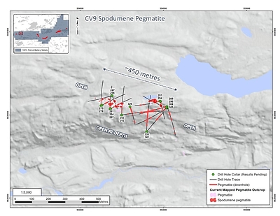 Figure 6: Drill holes completed at the CV9 Spodumene Pegmatite (see news release dated November 22, 2023) (CNW Group/Patriot Battery Metals Inc)