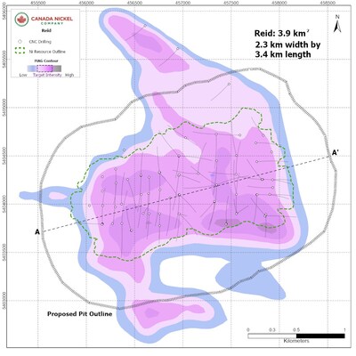 Figure 1 – Plan View of Reid Nickel Sulphide Resources, Reid Nickel Sulphide Project, Ontario. Section A-A’ is shown in Figure 2. (CNW Group/Canada Nickel Company Inc.)