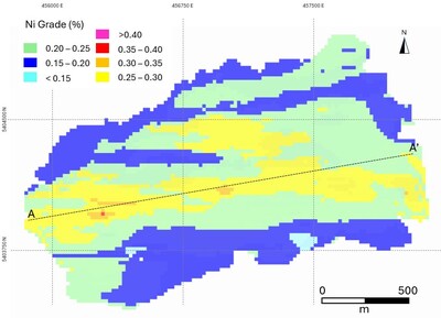 Figure 4 – Plan View of the Reid Block Model showing % nickel grade distribution. (CNW Group/Canada Nickel Company Inc.)