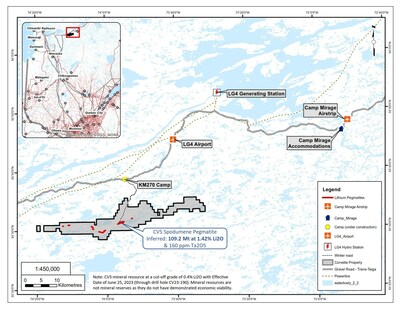 Figure 1: Corvette Project, CV5 Spodumene Pegmatite, and regional infrastructure (CNW Group/Patriot Battery Metals Inc)