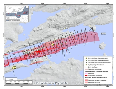 Figure 3: Drill holes completed at the CV5 Spodumene Pegmatite as announced September 24, 2023 – east-central, and eastern areas. (CNW Group/Patriot Battery Metals Inc)