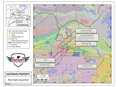 Figure 1: Location of new claim acquisition at the Company’s Eastmain Project*

*Sources pertaining to Figure 1 include Galaxy Resources Ltd. ASX news release dated September 14, 2017, Alkem Ltd. ASX news releases dated August 3, and 11, 2023, Brunswick Exploration Inc. TSXV news release dated July 20, 2023, and the Ministère de l’Énergie et Ressources naturelles report GM34050 dated September 4, 1975. (CNW Group/Patriot Battery Metals Inc)