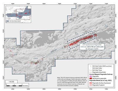 Figure 5: Proximity of the CV5 Spodumene Pegmatite to the CV13 Spodumene Pegmatite. (CNW Group/Patriot Battery Metals Inc)