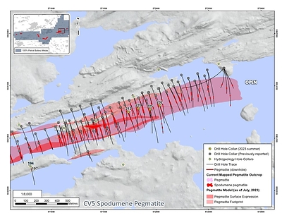 Figure 3: Drill holes completed at the CV5 Spodumene Pegmatite through September 18, 2023 – east-central, and eastern areas. (CNW Group/Patriot Battery Metals Inc)