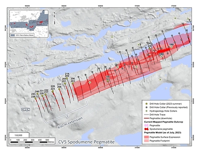 Figure 2: Drill holes completed at the CV5 Spodumene Pegmatite through September 18, 2023 – western area. (CNW Group/Patriot Battery Metals Inc)