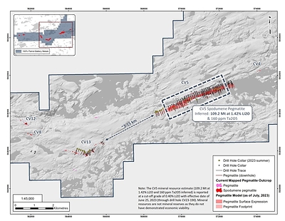 Figure 4: Proximity of the CV5 Spodumene Pegmatite to the CV13 Spodumene Pegmatite. (CNW Group/Patriot Battery Metals Inc)