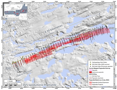 Figure 1: Drill holes completed at the CV5 Spodumene Pegmatite through September 18, 2023. (CNW Group/Patriot Battery Metals Inc)