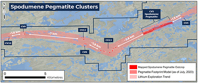 Figure 1: Spodumene pegmatite clusters at the Property discovered to date. (CNW Group/Patriot Battery Metals Inc)