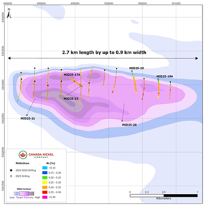 Figure 1 – Midlothian – CNC Drillholes Over Total Magnetic Intensity (CNW Group/Canada Nickel Company Inc.)