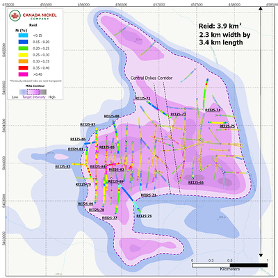 Figure 1 – Reid – CNC Drillholes Over Total Magnetic Intensity (CNW Group/Canada Nickel Company Inc.)