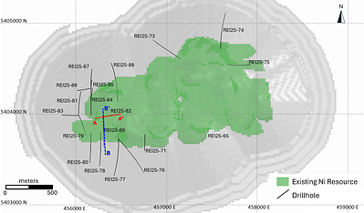 Figure 2 – Reid – CNC Plan View showing Nickel Resource and completed drilling. (CNW Group/Canada Nickel Company Inc.)