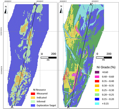 Figure 5. Plan View of the Categorized Texmont Mineral Resources (left) and the %Ni Grade (right). (CNW Group/Canada Nickel Company Inc.)