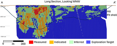 Figure 6. Texmont Nickel Sulphide Project Long-Section (Looking WNW) of Categorized Resources. (CNW Group/Canada Nickel Company Inc.)