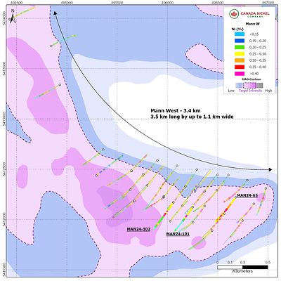 Figure 2. – Mann West – CNC Drillholes Over Total Magnetic Intensity (CNW Group/Canada Nickel Company Inc.)