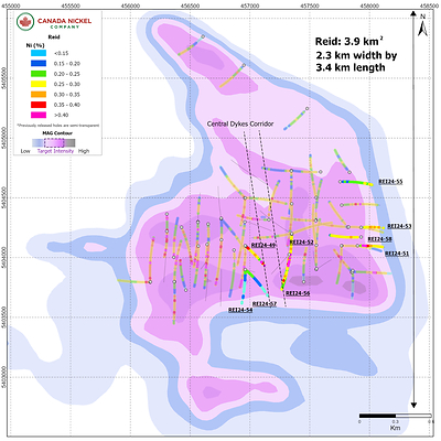 Figure 1 – Reid – CNC Drillholes Over Total Magnetic Intensity. (CNW Group/Canada Nickel Company Inc.)