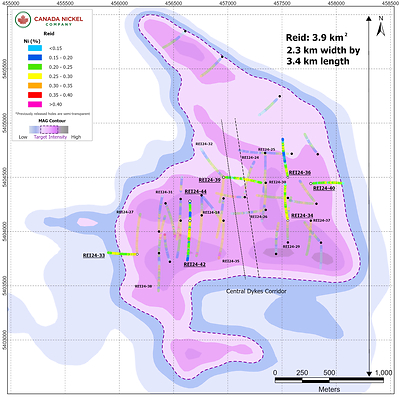 Figure 1 – Reid – CNC Drillholes Over Total Magnetic Intensity. (CNW Group/Canada Nickel Company Inc.)