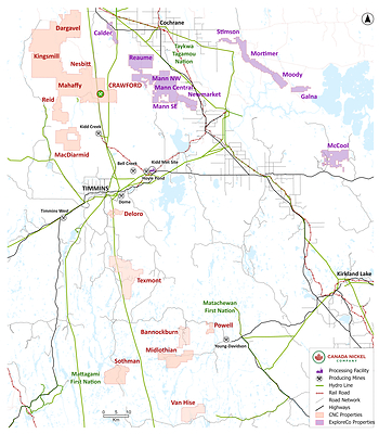Figure 1 – ExploreCo’s properties, shown in magenta, are located east of Highway 655 and north of Highway 101, all east of Timmins. Canada Nickel’s properties are shown in red. (CNW Group/Canada Nickel Company Inc.)