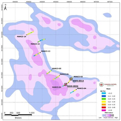 Figure 1. Plan View of Mann - Drill Results and Sample Location Overlain on Total Magnetic Intensity (CNW Group/Canada Nickel Company Inc.)