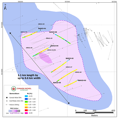 Figure 1 – Bannockburn “B” Zone – CNC Drillholes Over Total Magnetic Intensity. (CNW Group/Canada Nickel Company Inc.)