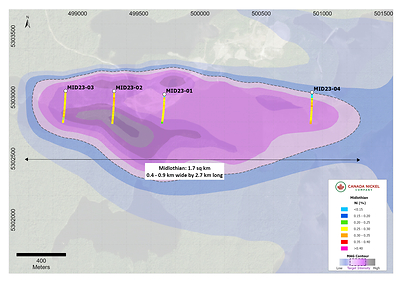 Figure 1. Plan View of Midlothian drilling with assay results.png (CNW Group/Canada Nickel Company Inc.)