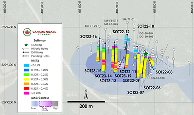 Figure 4. Sothman 2022 West zone, drilling with assays (CNW Group/Canada Nickel Company Inc.)