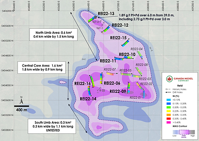 Figure 1 - Plan View of Reid - Drill Results Overlain on Total Magnetic Intensity (CNW Group/Canada Nickel Company Inc.)
