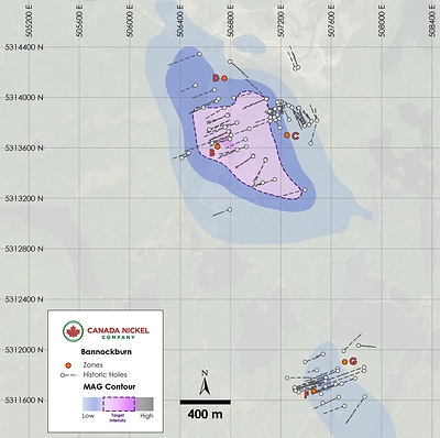 Figure 7 – Bannockburn – Historic Drilling on Total Magnetic Intensity (CNW Group/Canada Nickel Company Inc.)