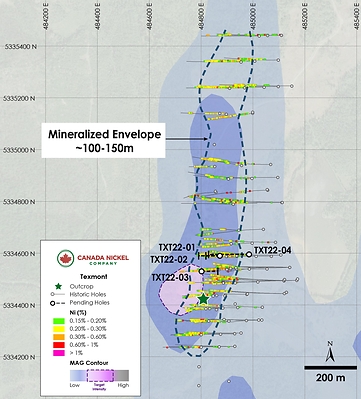Figure 1 – Plan View of Texmont – Historic Assays and CNC 2022 Drilling on Total Magnetic Intensity (CNW Group/Canada Nickel Company Inc.)