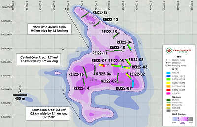 Figure 1 – Plan View of Reid – Drill results Overlain on Total Magnetic Intensity (CNW Group/Canada Nickel Company Inc.)