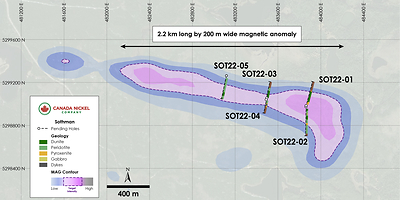 Figure 2 – Plan View of Sothman – Drill results Overlain on Total Magnetic Intensity (CNW Group/Canada Nickel Company Inc.)