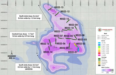 Figure 1 – Plan View of Reid – Drill results Overlain on Total Magnetic Intensity (CNW Group/Canada Nickel Company Inc.)