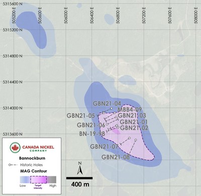 Figure 7 – Bannockburn “B Zone” – Historical Drillholes Over Total Magnetic Intensity. (CNW Group/Canada Nickel Company Inc.)