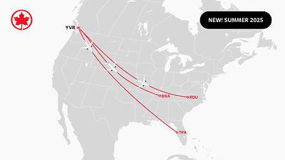 Air Canada announced today its most comprehensive transborder schedule from its Vancouver (YVR) hub. (CNW Group/Air Canada)