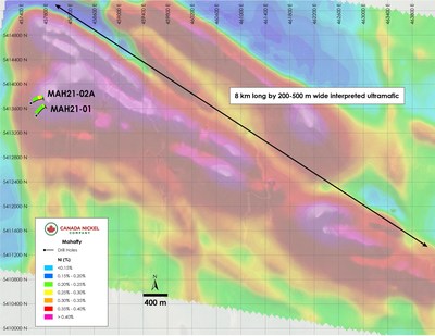 Figure 2 – Plan View of Mahaffy – Current Drill Results Overlain on Total Field Magnetic Intensity (CNW Group/Canada Nickel Company Inc.)