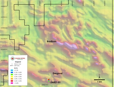 Figure 1 – Plan View of Dargavel – Current Drill Results Overlain on Total Field Magnetic Intensity (CNW Group/Canada Nickel Company Inc.)