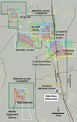 Figure 4 – Plan view of Crawford, Kingsmill, Nesbitt-Aubin, Nesbit North, MacDiarmid and Mahaffy-Aubin Properties overlain on total field magnetic intensity, Ontario. (CNW Group/Canada Nickel Company Inc.)