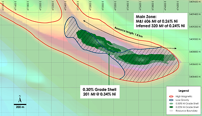 Figure 1 – Plan view of Crawford and MacDiarmid Properties – Outline of Gravity Low and Magnetic High geophysics anomaly overlain on total field magnetic intensity, Crawford and MacDiarmid Township, Ontario. Note: Property continues beyond map boundary. (CNW Group/Canada Nickel Company Inc.)