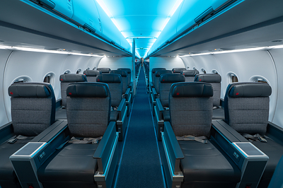Air Canada is continuing to invest in customer comfort across its fleet of Airbus A321s and A320s which will feature a new cabin interior, new technologies and services such as Bluetooth audio, and free high-speed internet. (CNW Group/Air Canada)