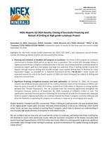 NGEx Reports Q3 2024 Results; Closing of Successful Financing and Restart of Drilling at High-grade Lunahuasi Project (CNW Group/NGEx Minerals Ltd.)
