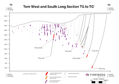 Inclined Long Section TG to TG' (026/78): showing intercepted mineralization to date in TS25-003, 2025, 2024 and pre-2024 drilling intersections. (CNW Group/Fireweed Metals Corp.)
