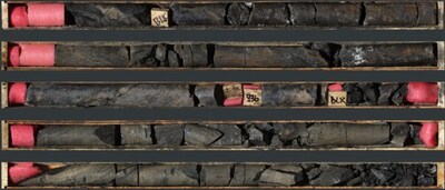 Photo 1: A portion of the intersection in TS25-001D1 containing massive sphalerite and galena from 933.5 to 938.3 m (CNW Group/Fireweed Metals Corp.)