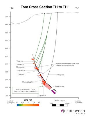 Cross section TH to TH': Tom South 2025 holes TS25-001 and TS25-001D1 and 2024 holes that were not included in the 2024 Mineral Resource Estimate. (CNW Group/Fireweed Metals Corp.)
