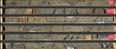 Photo 2: NB25-004 38.7 to 45.2 m—matrix replacement sphalerite and siderite (CNW Group/Fireweed Metals Corp.)
