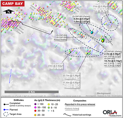 Figure 8: Camp Bay Surface Plan with Historical and New Drill Result Highlights (CNW Group/Orla Mining Ltd.)