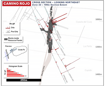 Figure 3: Camino Rojo Cross Section (Zone 22) – Gold Histograms of Drill Holes and Blocks Inside Resource Panels (CNW Group/Orla Mining Ltd.)