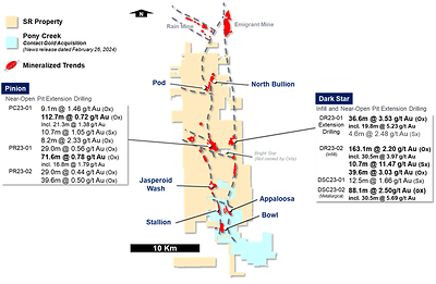 Figure 1: Significant results from Pinion and Dark Star deposits, South Railroad Project (CNW Group/Orla Mining Ltd.)