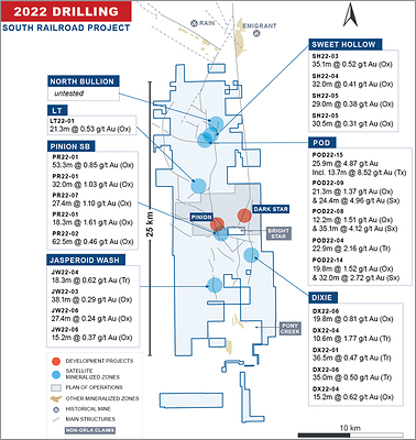 Figure 1: South Railroad Project; Deposits, Mineralized Zones and 2022 Drill Results Highlights (CNW Group/Orla Mining Ltd.)